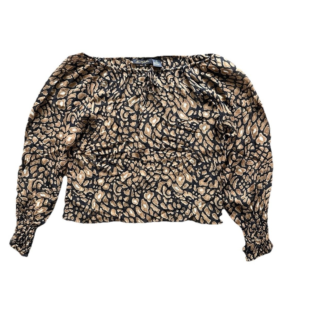 Kenneth Jay Lane Womens Leopard Print 100% Silk Off Shoulder Blouse Brown Medium
